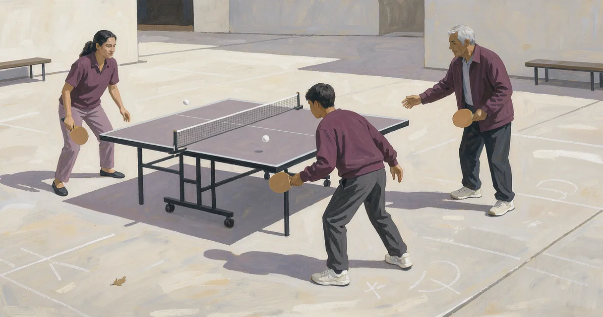 An adolescent and two adults play table tennis around a plain table in a bright courtyard.