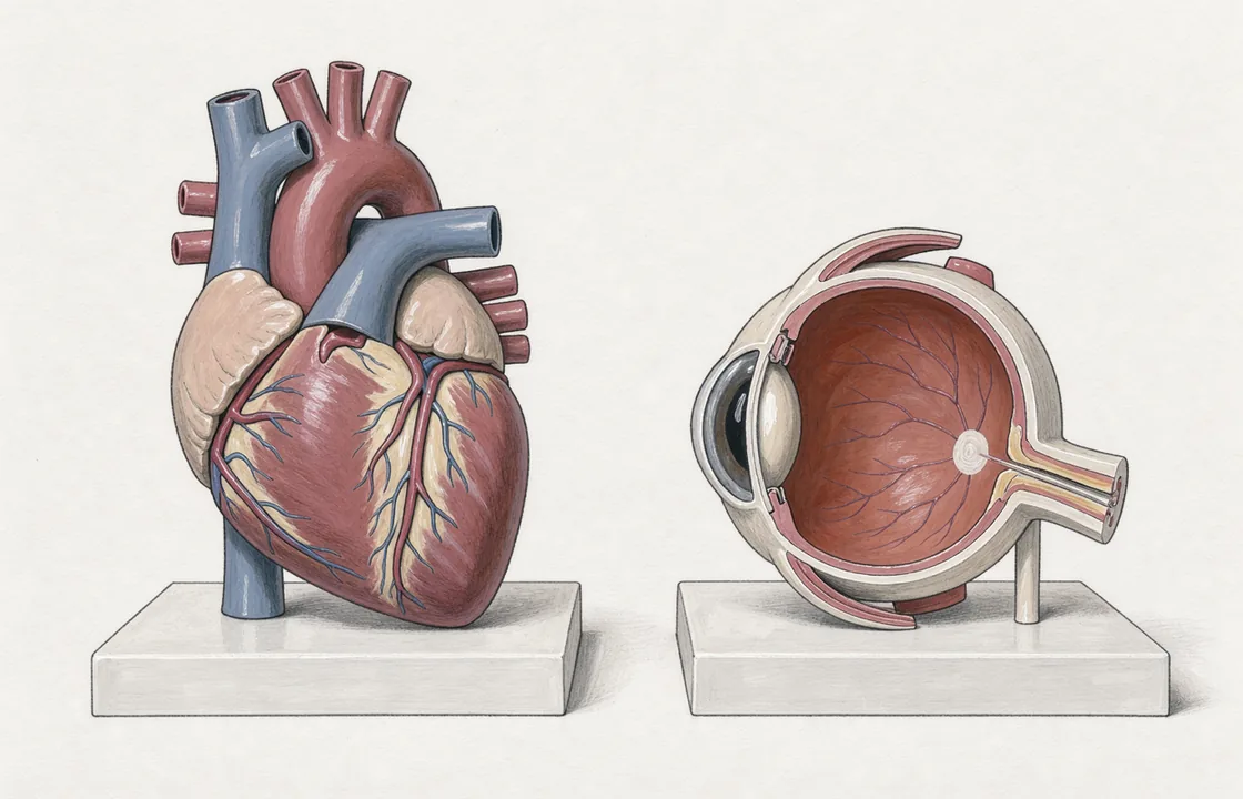 A heart teaching model and an opened eye teaching model sit on separate white plinths.