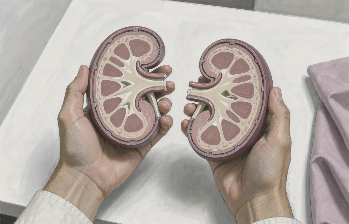 An adult's hands hold an opened kidney teaching model above a white worktable.